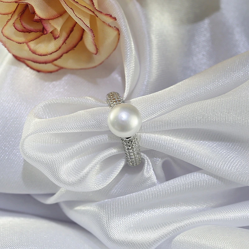 Wholesale Freshwater White Pearl Rings 9.5-10mm 3A Button Real Freshwater Pearl Ring