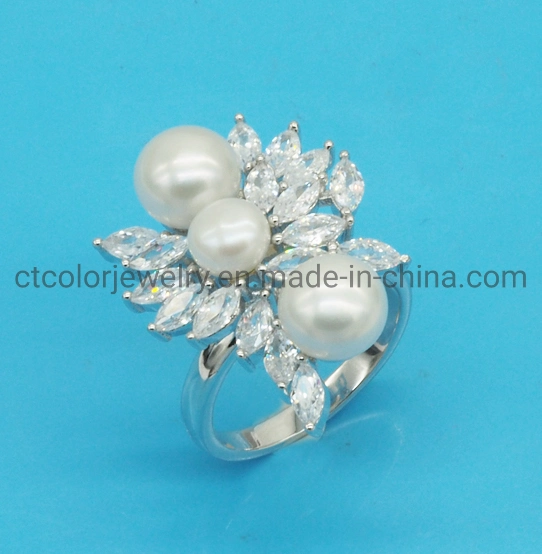 Fashion Jewelry 925 Sterling Silver Creative Design Ring with CZ and Pearl Fashion Customized Jewellery