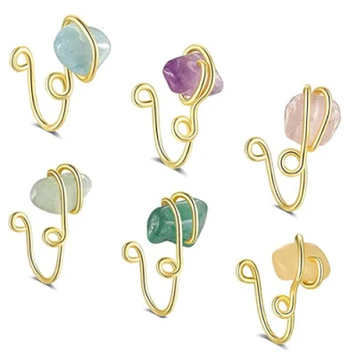 Natural Crystal Stone Nose Ring Clip on Copper Wire Entangle Nose Rings