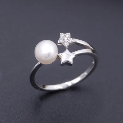 Personalized Silver Ring with Double Zircon Stars Round White Pearl