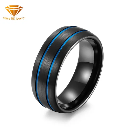 8mm Brushed Matte Plated Dual Color Tungsten Steel Ring for Men′s Black Double Groove Scratch Resistant Tungsten Gold Ring Tstr023 