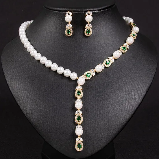 Cross Border European and American Luxury Pearl Necklace Earring Set Full of Diamonds and Exquisite Zirconia Jewelry 