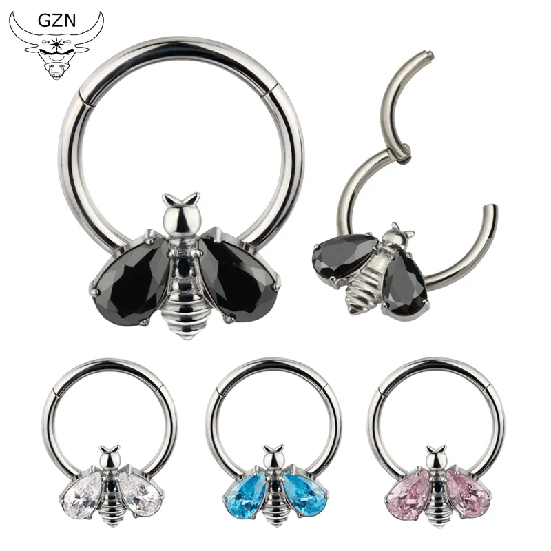 Gzn ASTM F136 Titanium Piercing Body Jewelry Internally 16g Thread Nose Rings Bee with Opal Stone Wings Top Earrings